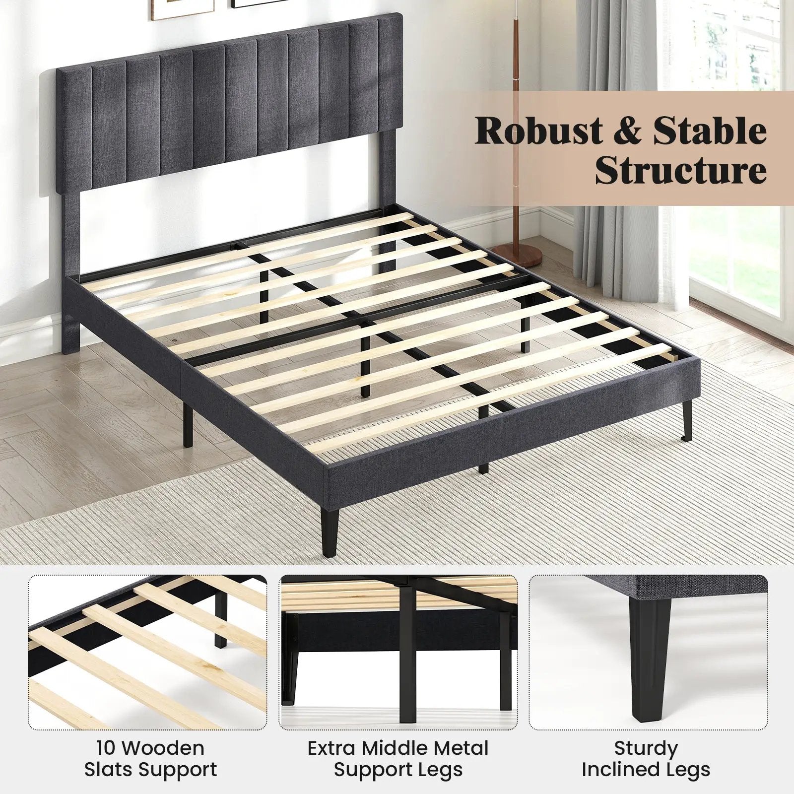 Velvet Upholstered Platform Bed with Height Adjustable Vertical Channel Headboard by DirectDeals