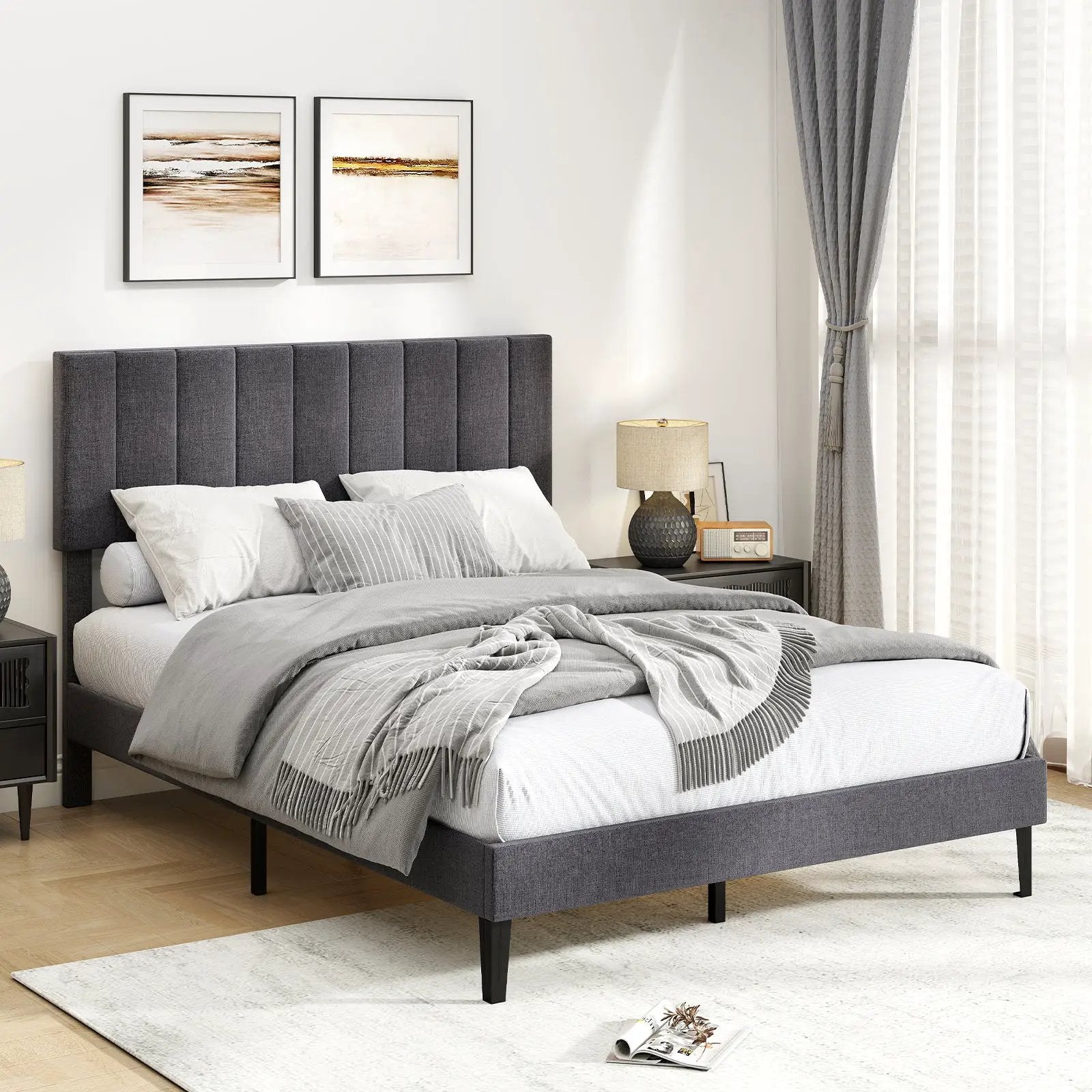 Velvet Upholstered Platform Bed with Height Adjustable Vertical Channel Headboard by DirectDeals