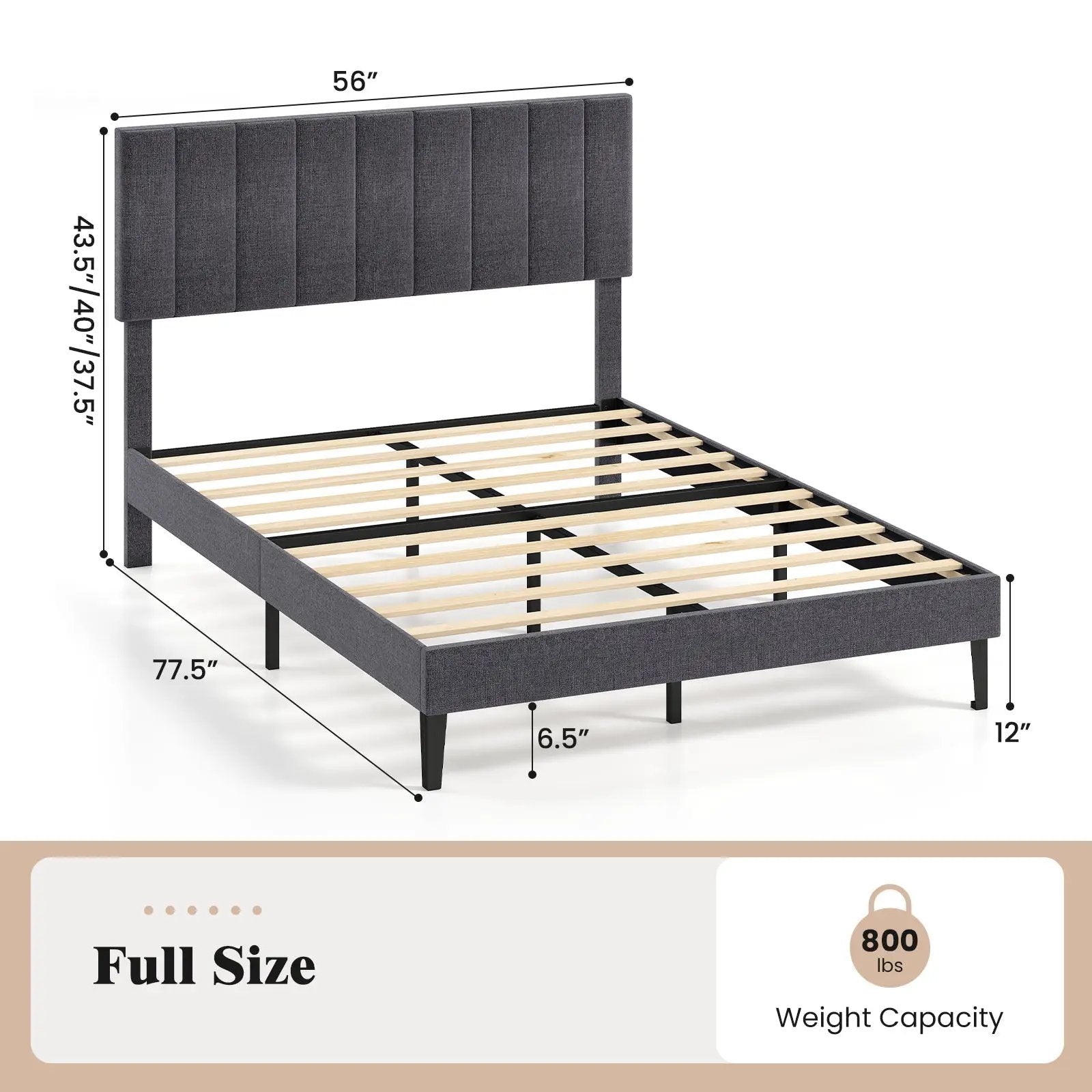 Velvet Upholstered Platform Bed with Height Adjustable Vertical Channel Headboard by DirectDeals