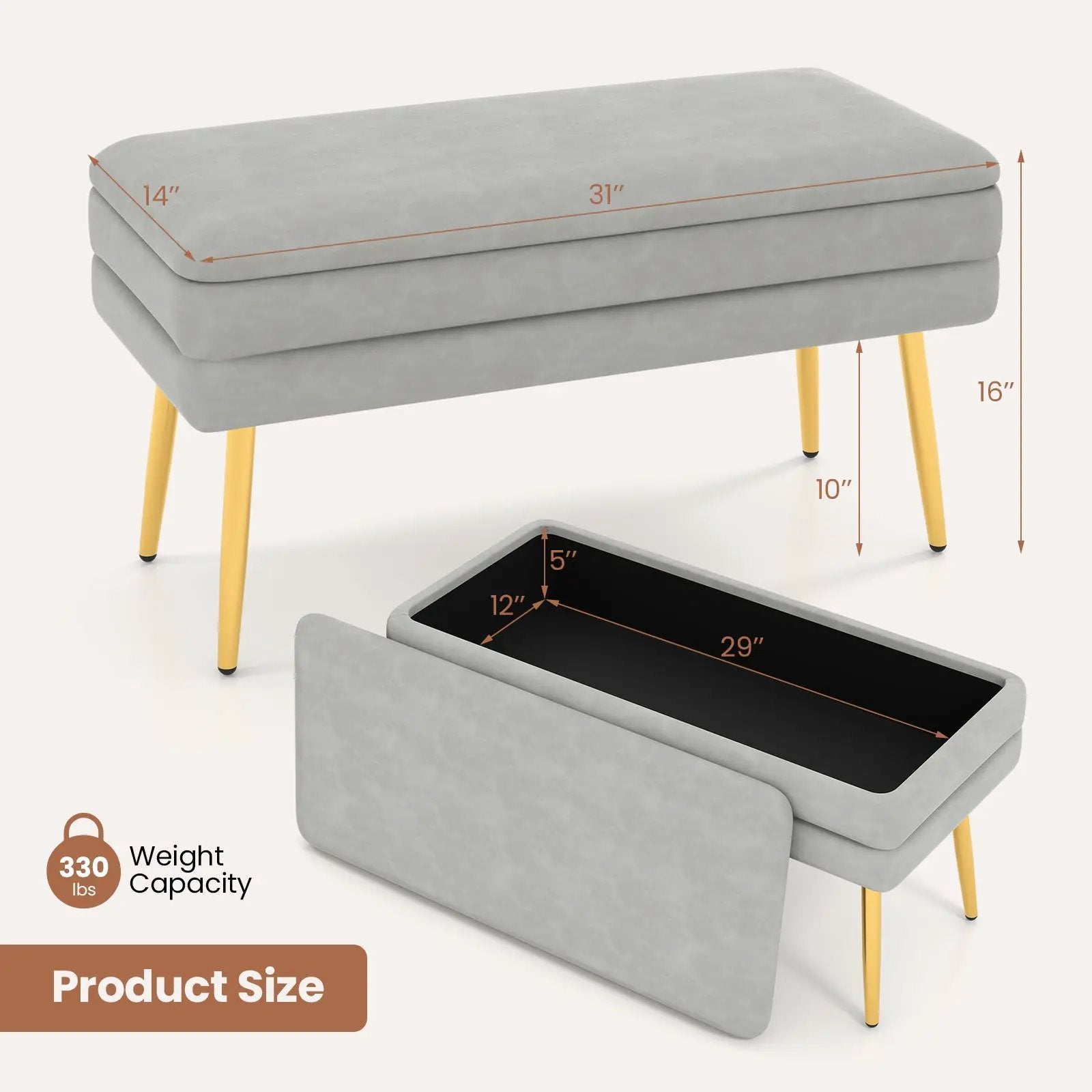 Velvet Upholstered Storage Bench with Removable Top-Grey by DirectDeals