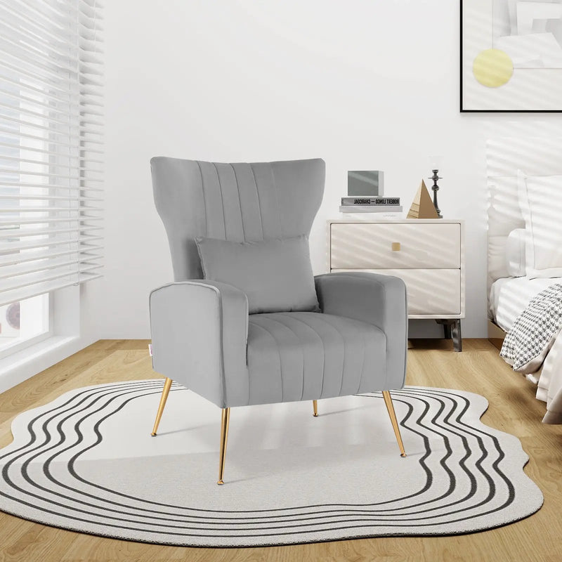 Velvet Upholstered Wingback Chair with Lumbar Pillow and Golden Metal Legs by DirectDeals