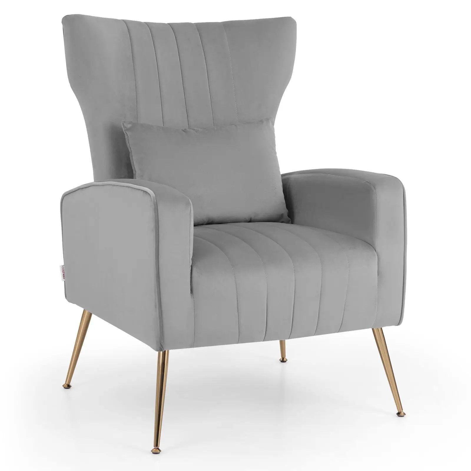 Velvet Upholstered Wingback Chair with Lumbar Pillow and Golden Metal Legs by DirectDeals