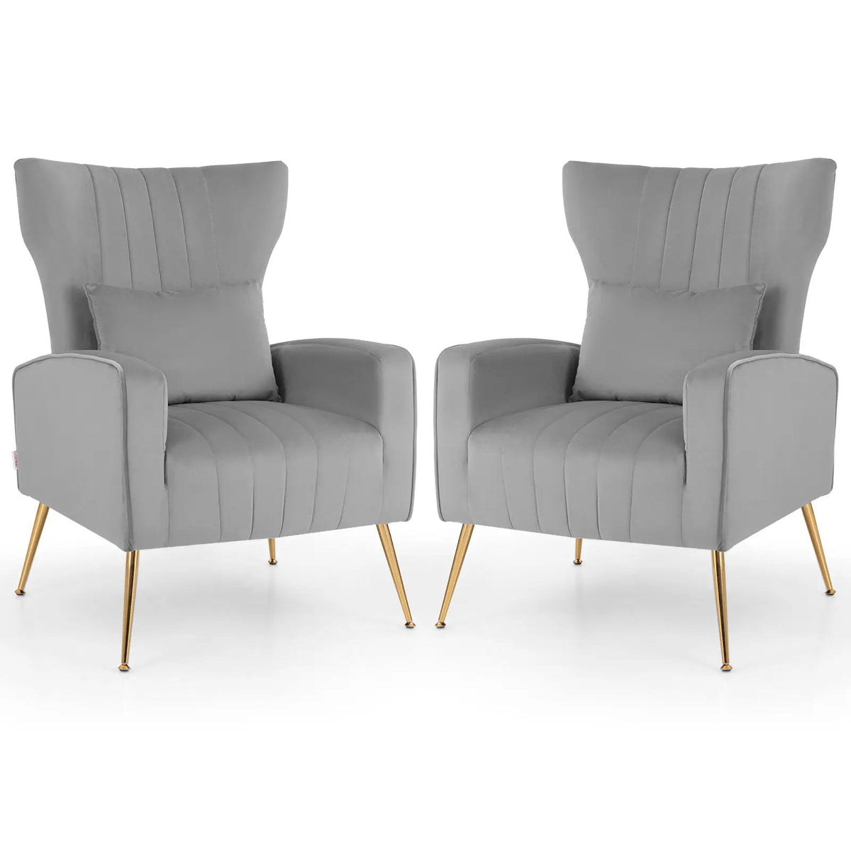 Velvet Upholstered Wingback Chair with Lumbar Pillow and Golden Metal Legs by DirectDeals