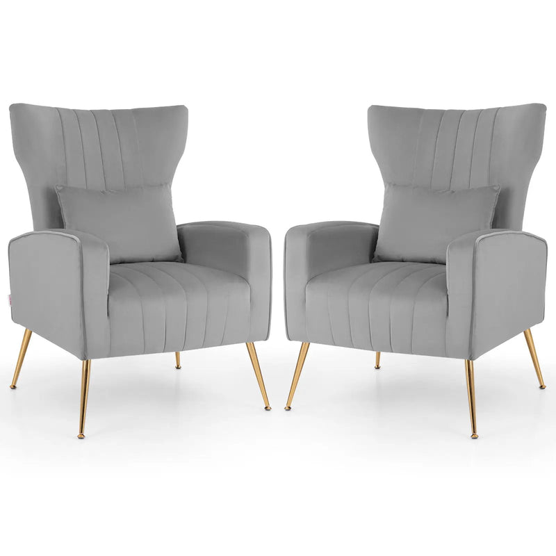 Velvet Upholstered Wingback Chair with Lumbar Pillow and Golden Metal Legs by DirectDeals