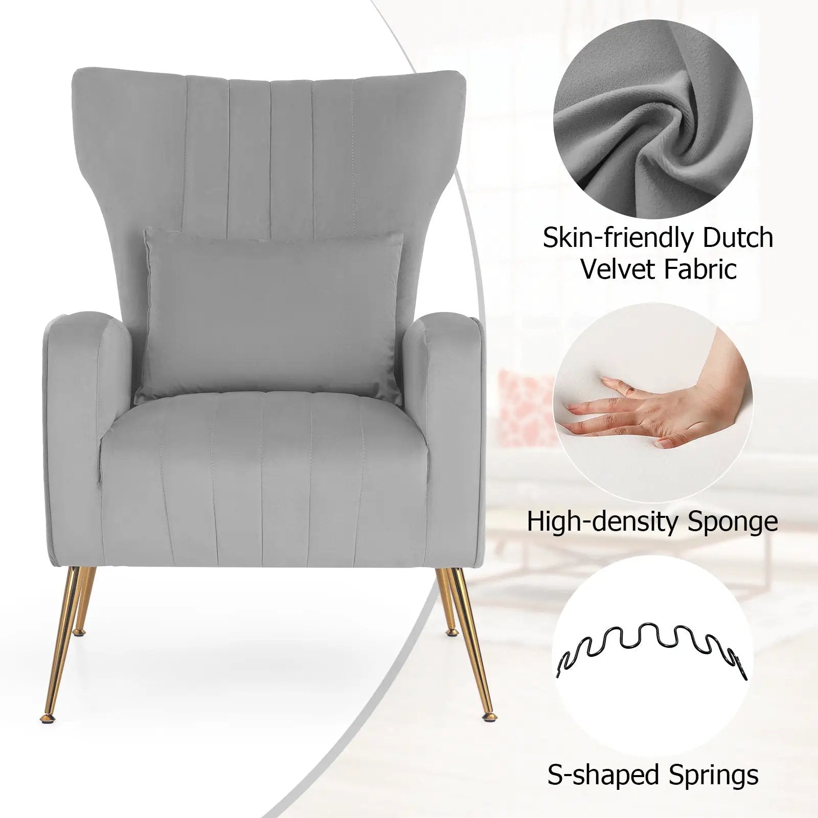 Velvet Upholstered Wingback Chair with Lumbar Pillow and Golden Metal Legs by DirectDeals