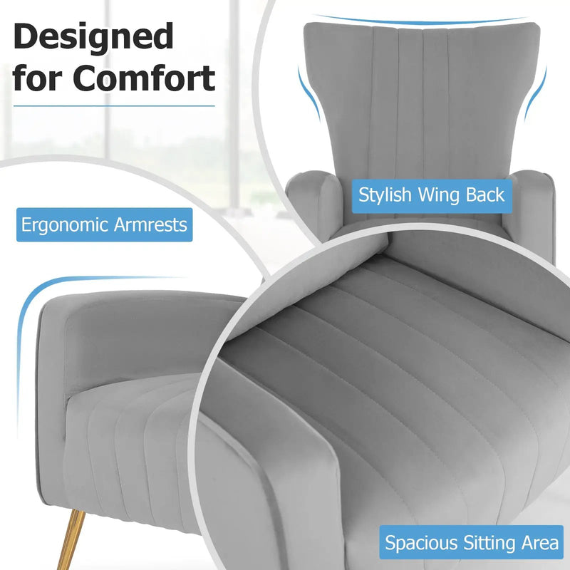 Velvet Upholstered Wingback Chair with Lumbar Pillow and Golden Metal Legs by DirectDeals