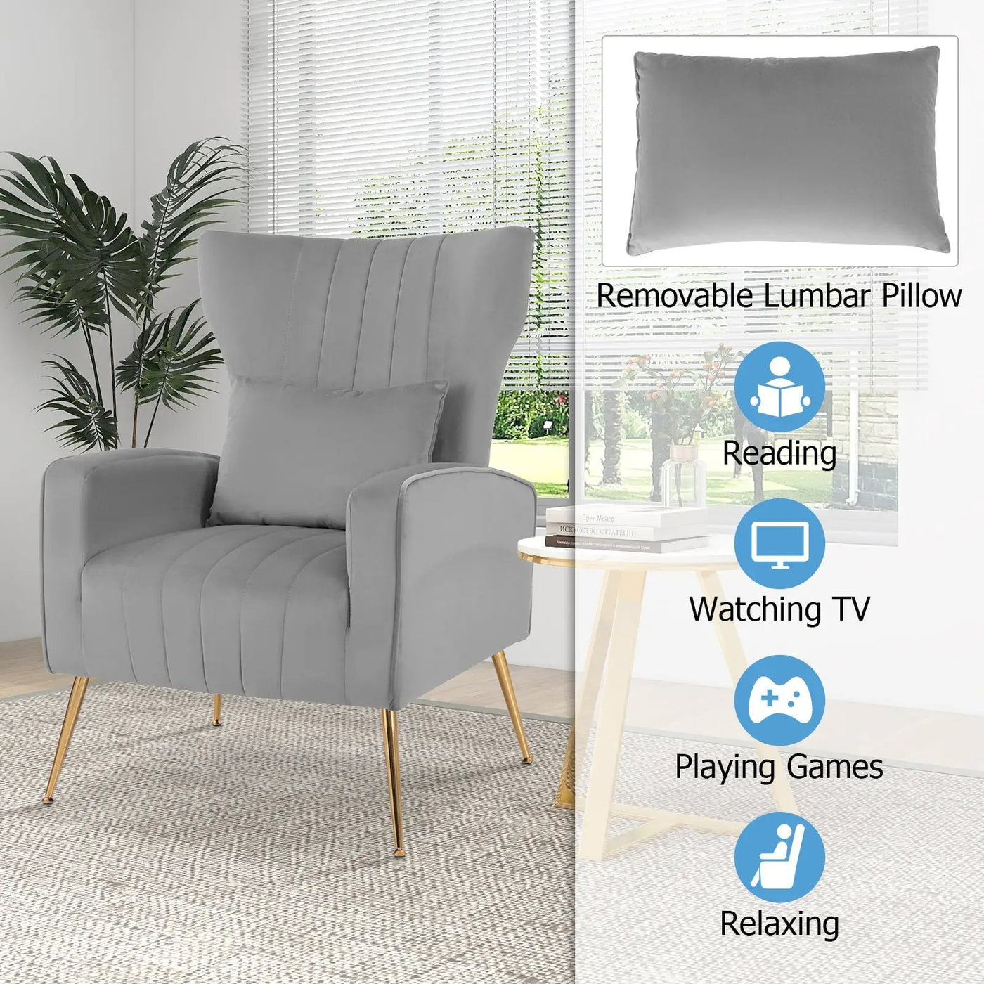 Velvet Upholstered Wingback Chair with Lumbar Pillow and Golden Metal Legs by DirectDeals