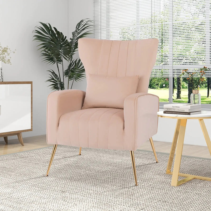 Velvet Upholstered Wingback Chair with Lumbar Pillow and Golden Metal Legs by DirectDeals
