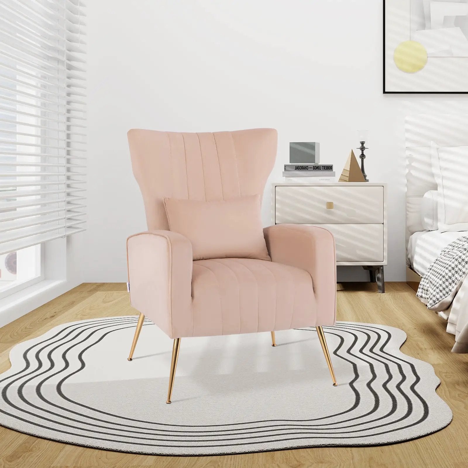 Velvet Upholstered Wingback Chair with Lumbar Pillow and Golden Metal Legs by DirectDeals