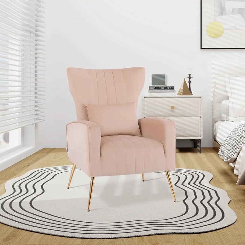 Velvet Upholstered Wingback Chair with Lumbar Pillow and Golden Metal Legs by DirectDeals