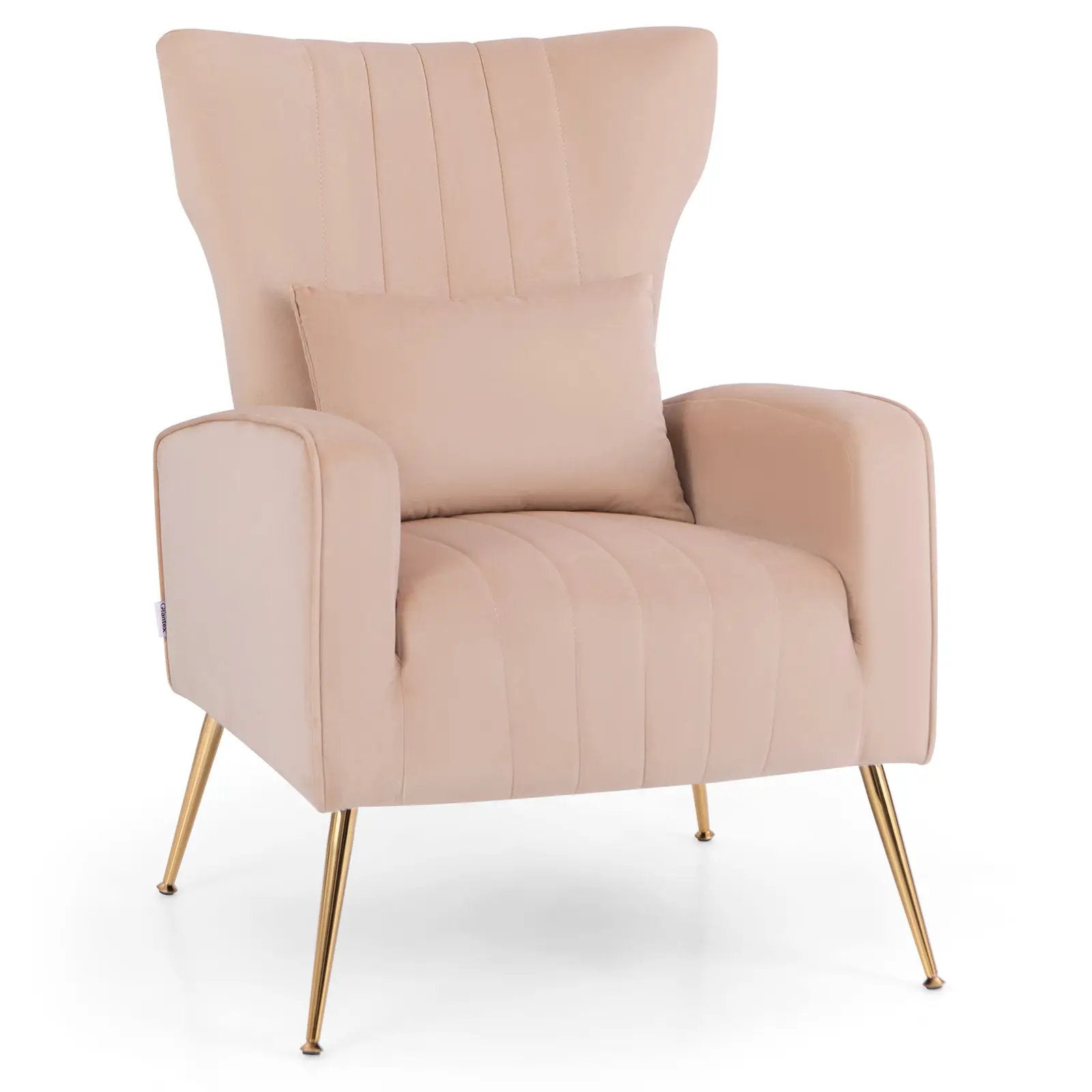 Velvet Upholstered Wingback Chair with Lumbar Pillow and Golden Metal Legs by DirectDeals