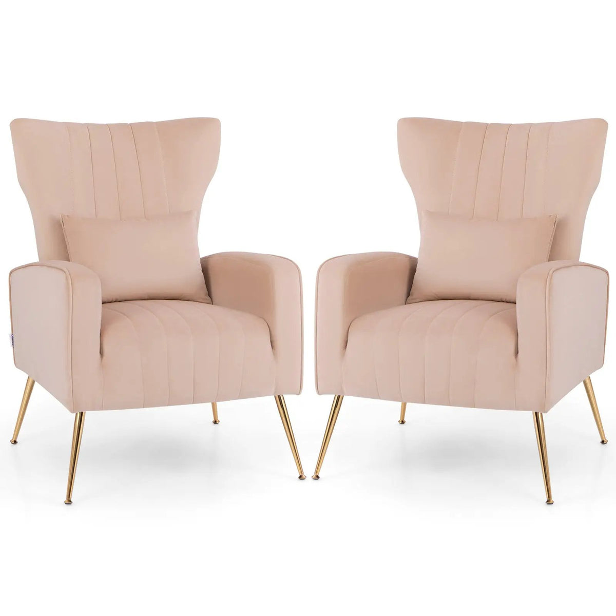 Velvet Upholstered Wingback Chair with Lumbar Pillow and Golden Metal Legs by DirectDeals