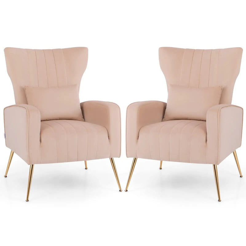 Velvet Upholstered Wingback Chair with Lumbar Pillow and Golden Metal Legs by DirectDeals