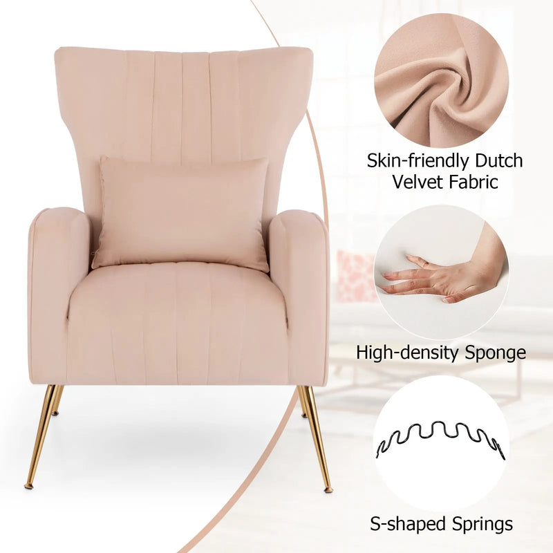 Velvet Upholstered Wingback Chair with Lumbar Pillow and Golden Metal Legs by DirectDeals