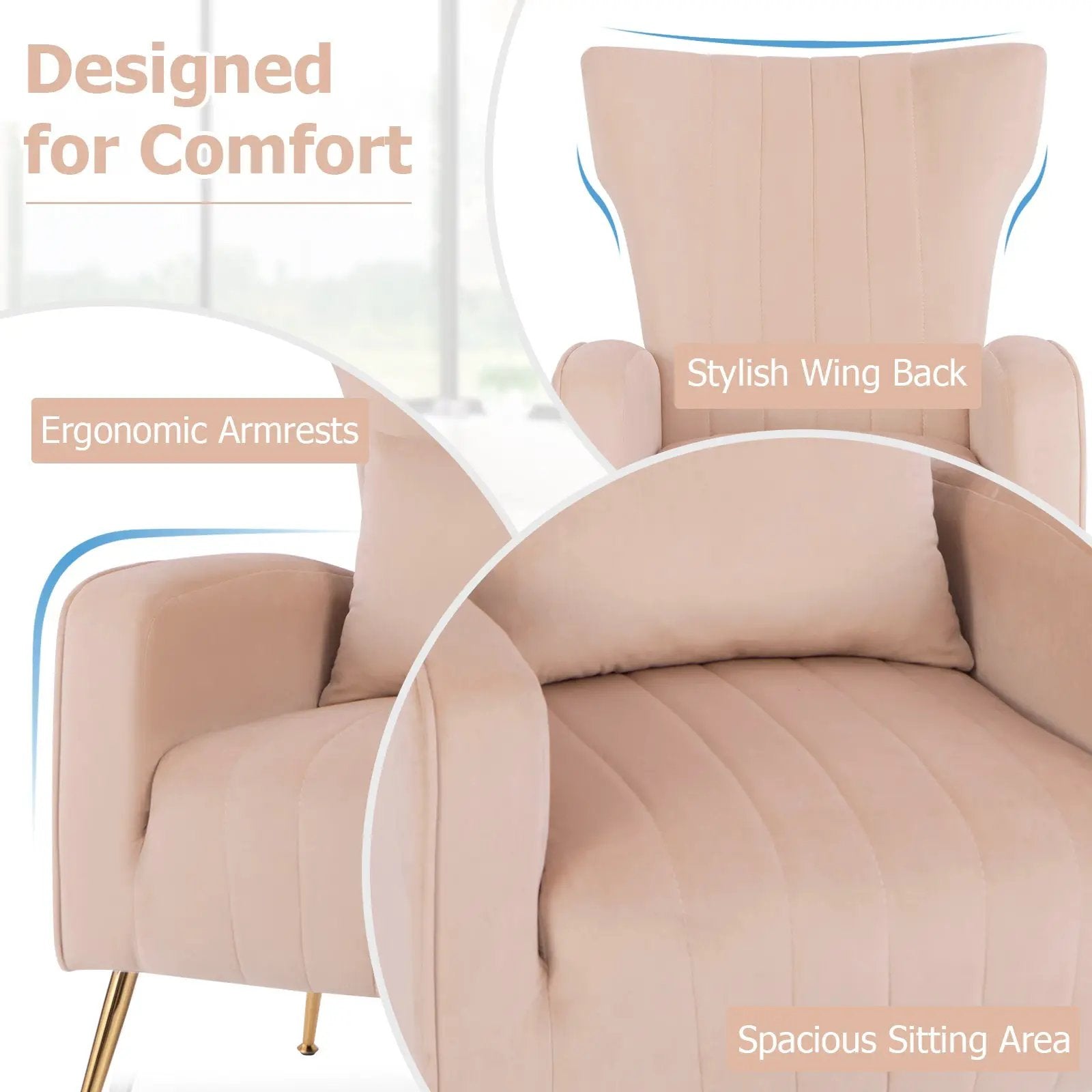 Velvet Upholstered Wingback Chair with Lumbar Pillow and Golden Metal Legs by DirectDeals