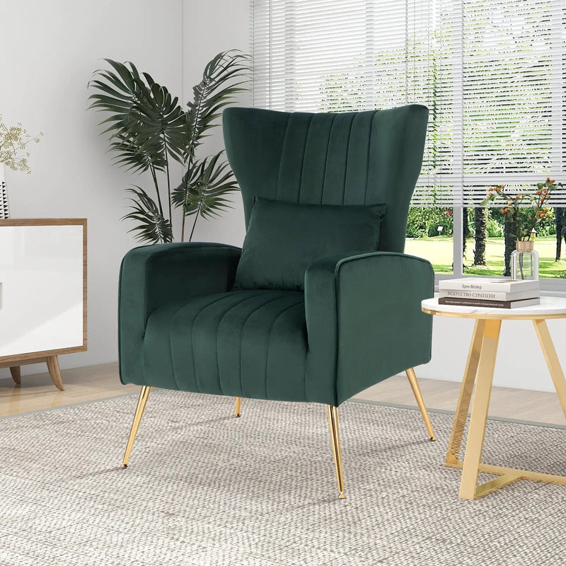 Velvet Upholstered Wingback Chair with Lumbar Pillow and Golden Metal Legs by DirectDeals