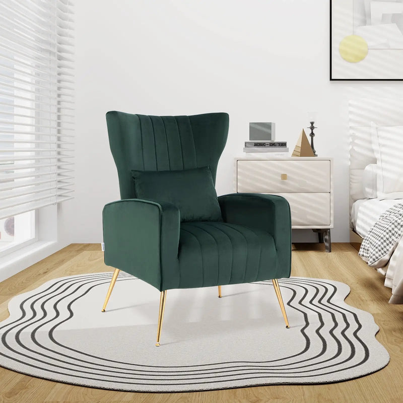 Velvet Upholstered Wingback Chair with Lumbar Pillow and Golden Metal Legs by DirectDeals