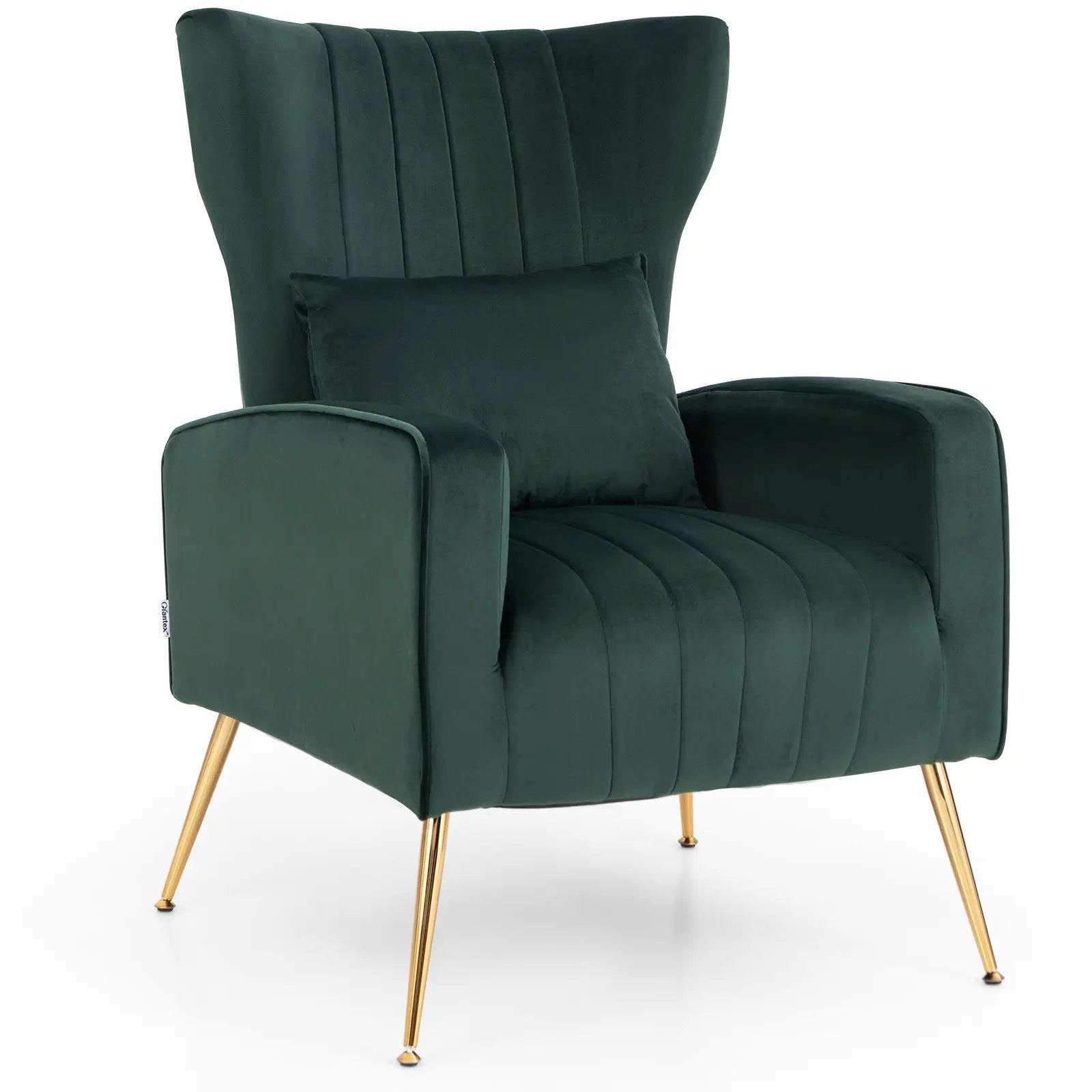 Velvet Upholstered Wingback Chair with Lumbar Pillow and Golden Metal Legs by DirectDeals