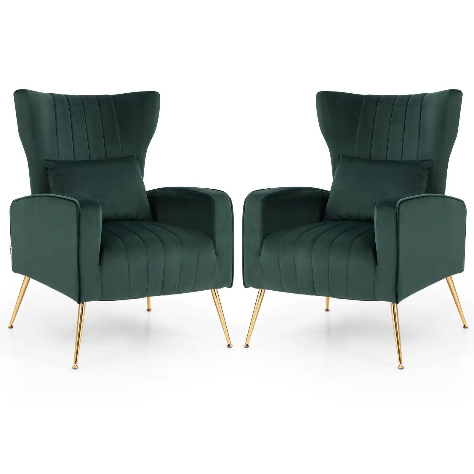 Velvet Upholstered Wingback Chair with Lumbar Pillow and Golden Metal Legs by DirectDeals