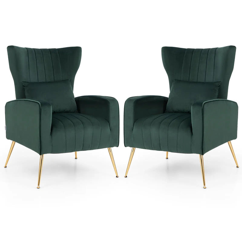 Velvet Upholstered Wingback Chair with Lumbar Pillow and Golden Metal Legs by DirectDeals