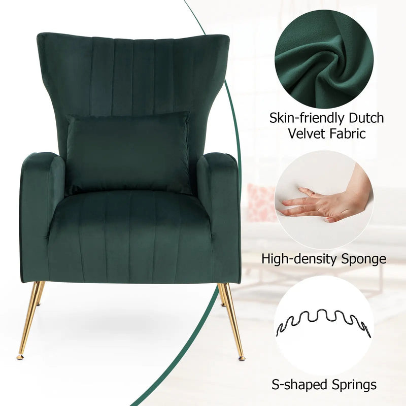 Velvet Upholstered Wingback Chair with Lumbar Pillow and Golden Metal Legs by DirectDeals