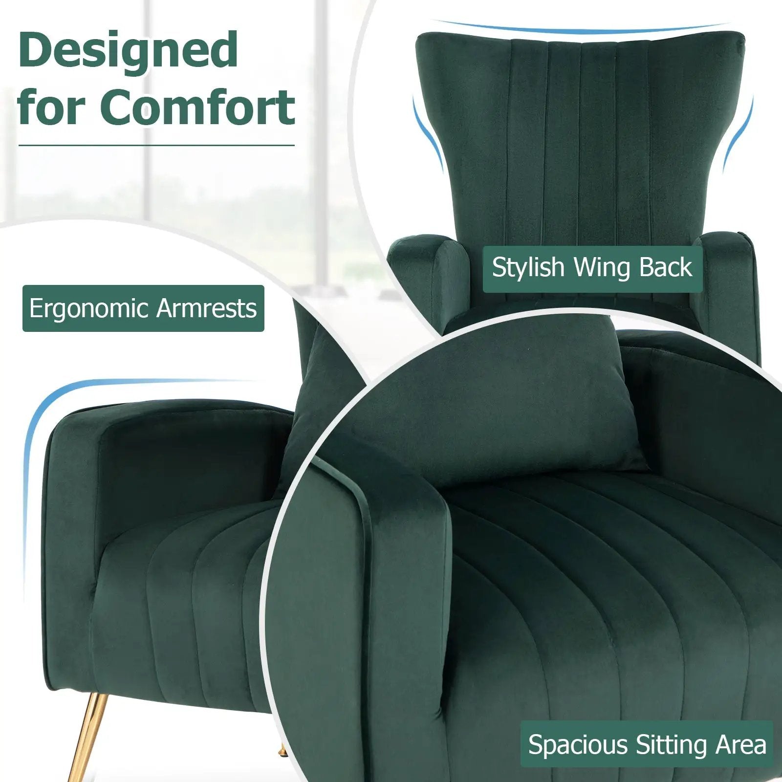 Velvet Upholstered Wingback Chair with Lumbar Pillow and Golden Metal Legs by DirectDeals
