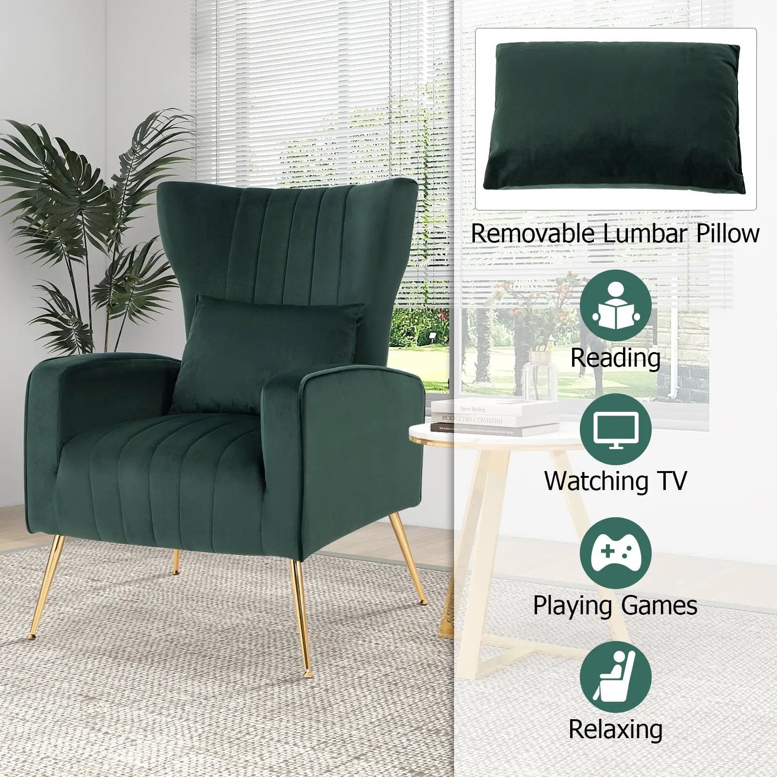 Velvet Upholstered Wingback Chair with Lumbar Pillow and Golden Metal Legs by DirectDeals