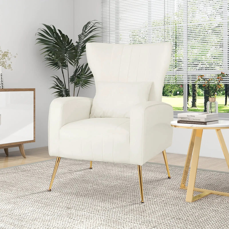 Velvet Upholstered Wingback Chair with Lumbar Pillow and Golden Metal Legs by DirectDeals