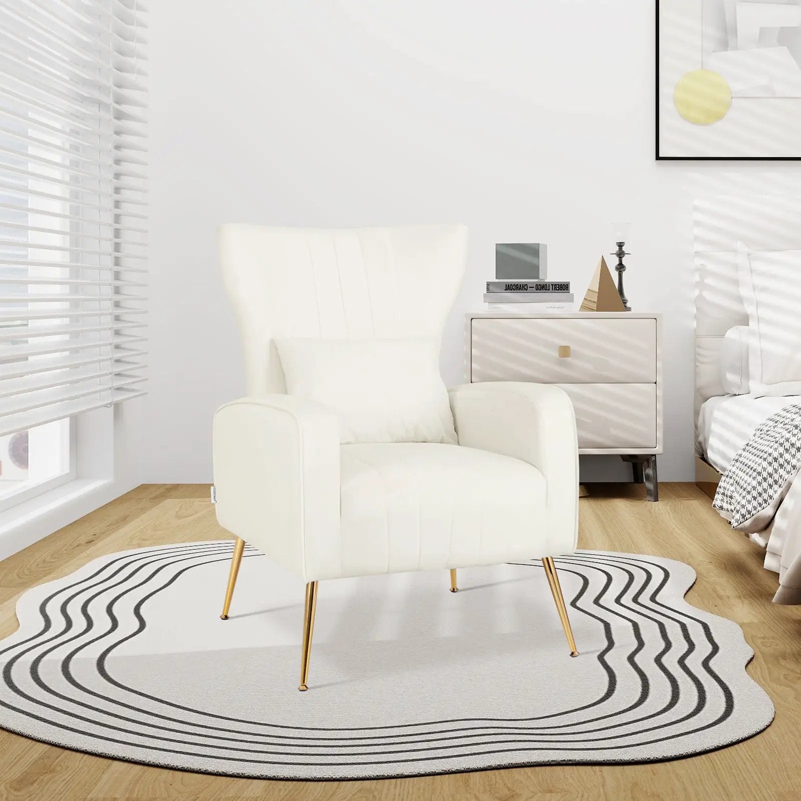 Velvet Upholstered Wingback Chair with Lumbar Pillow and Golden Metal Legs by DirectDeals