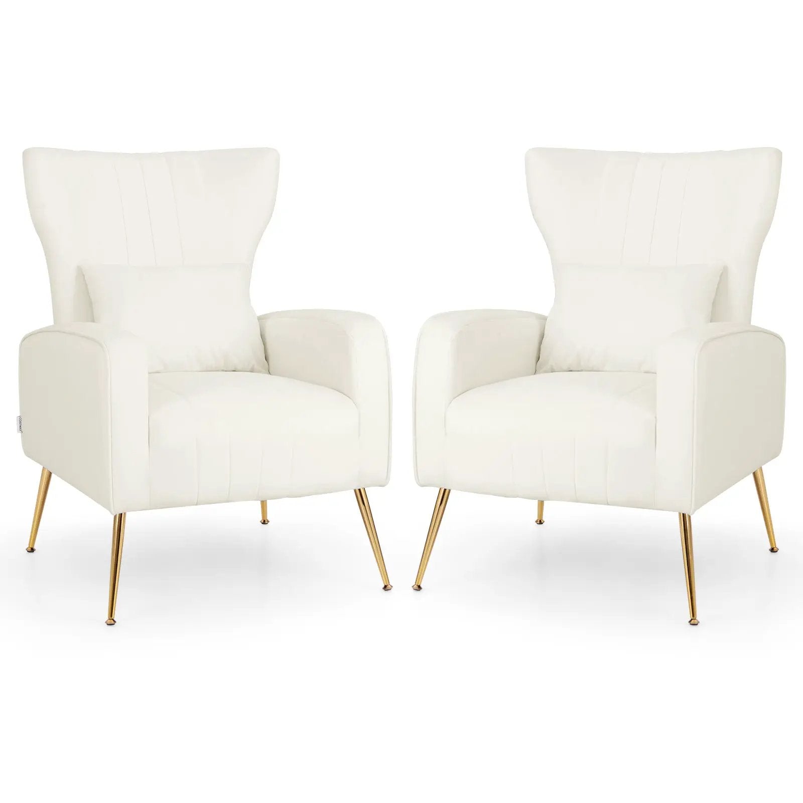 Velvet Upholstered Wingback Chair with Lumbar Pillow and Golden Metal Legs by DirectDeals