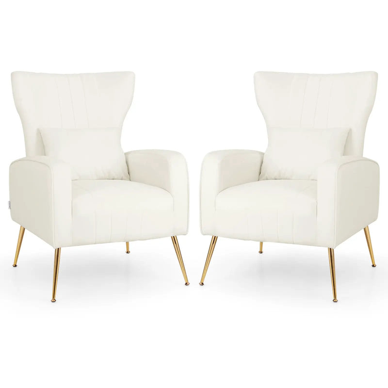 Velvet Upholstered Wingback Chair with Lumbar Pillow and Golden Metal Legs by DirectDeals