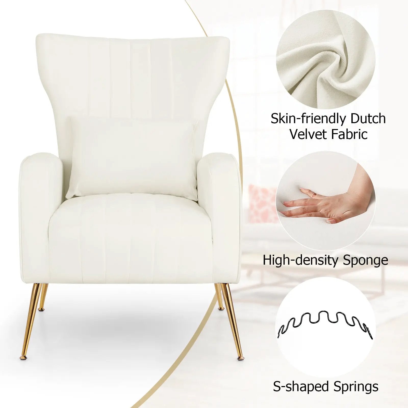 Velvet Upholstered Wingback Chair with Lumbar Pillow and Golden Metal Legs by DirectDeals