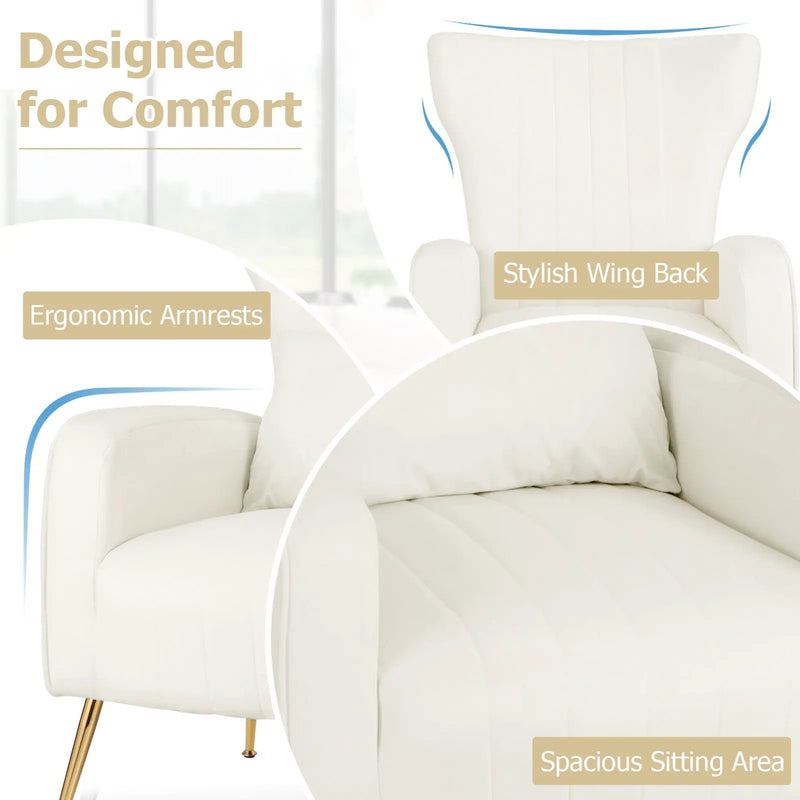 Velvet Upholstered Wingback Chair with Lumbar Pillow and Golden Metal Legs by DirectDeals