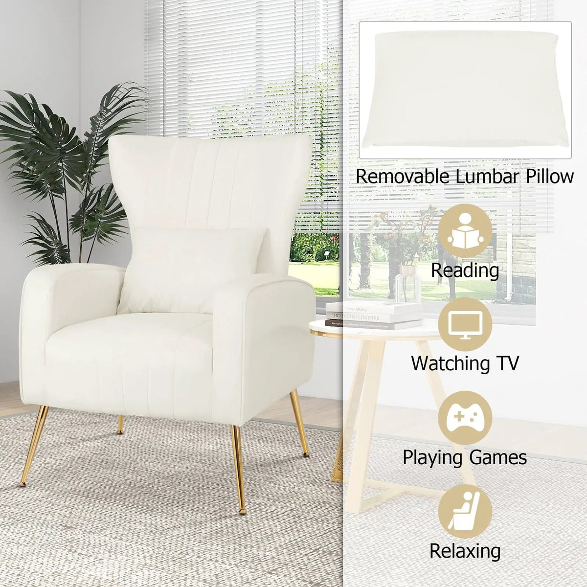 Velvet Upholstered Wingback Chair with Lumbar Pillow and Golden Metal Legs by DirectDeals