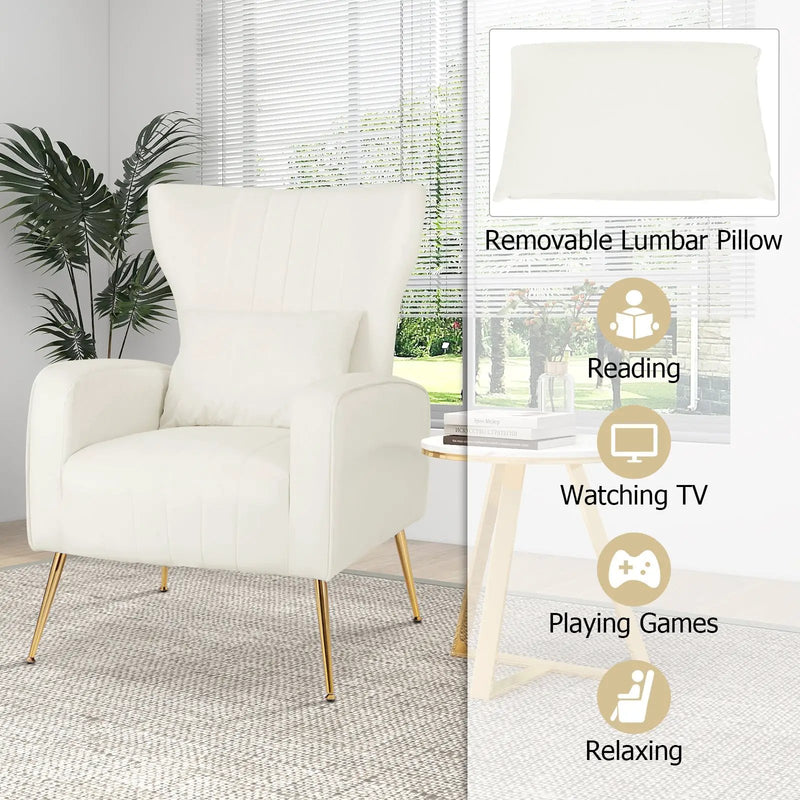 Velvet Upholstered Wingback Chair with Lumbar Pillow and Golden Metal Legs by DirectDeals
