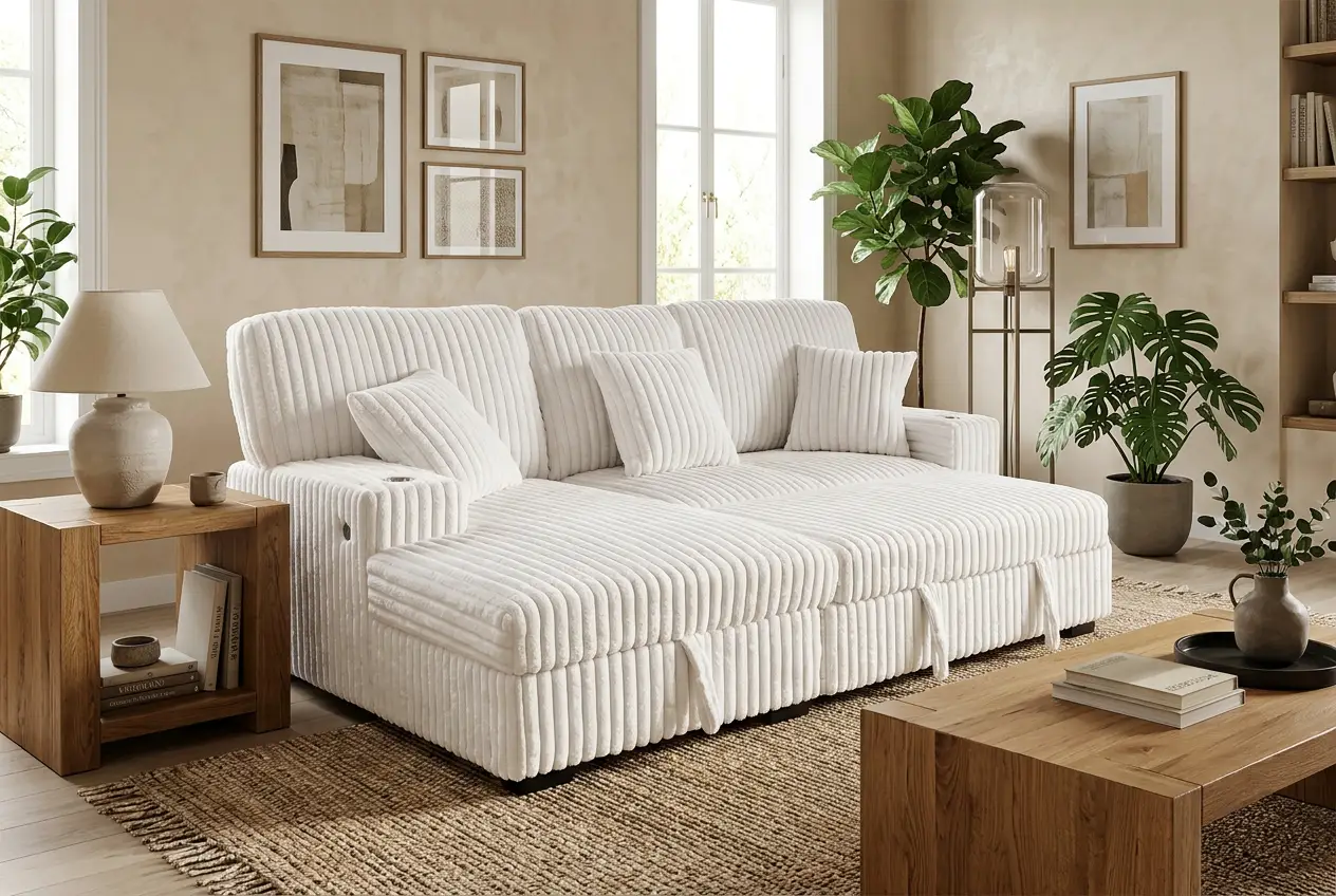 Venice Ivory Corduroy Storage Sleeper Sectional w/ Dual Cupholders & USB Ports by Ornate Furniture