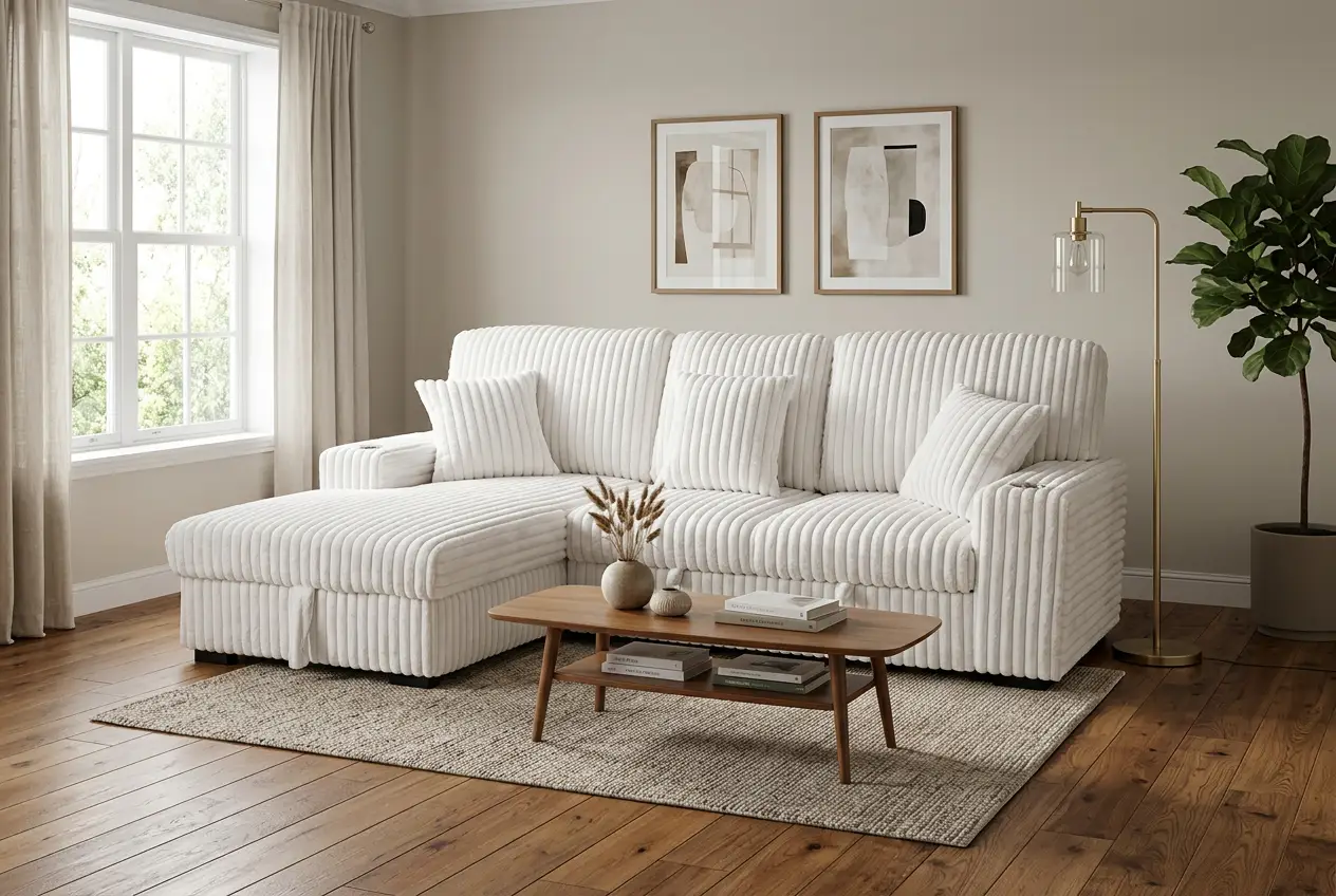 Venice Ivory Corduroy Storage Sleeper Sectional w/ Dual Cupholders & USB Ports by Ornate Furniture