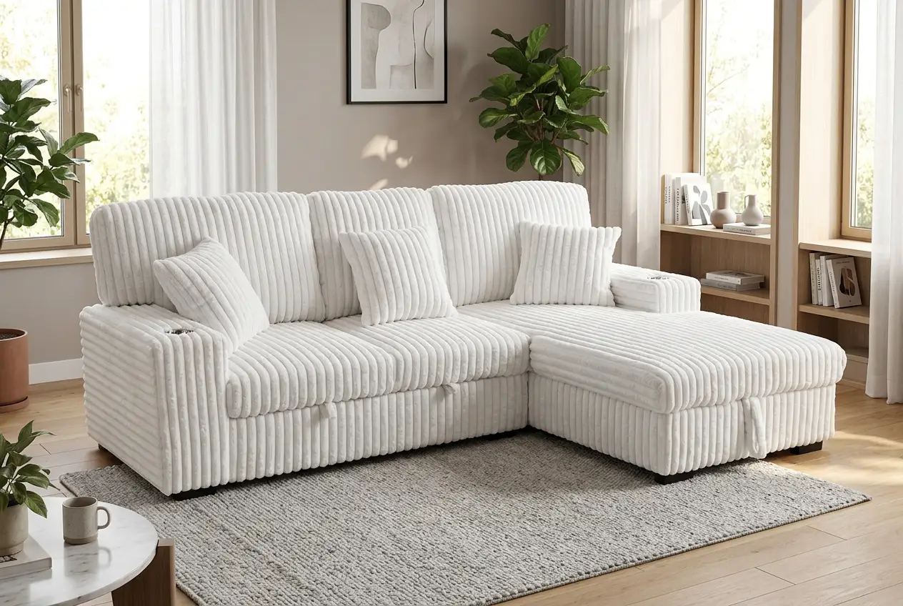 Venice Ivory Corduroy Storage Sleeper Sectional w/ Dual Cupholders & USB Ports by Ornate Furniture