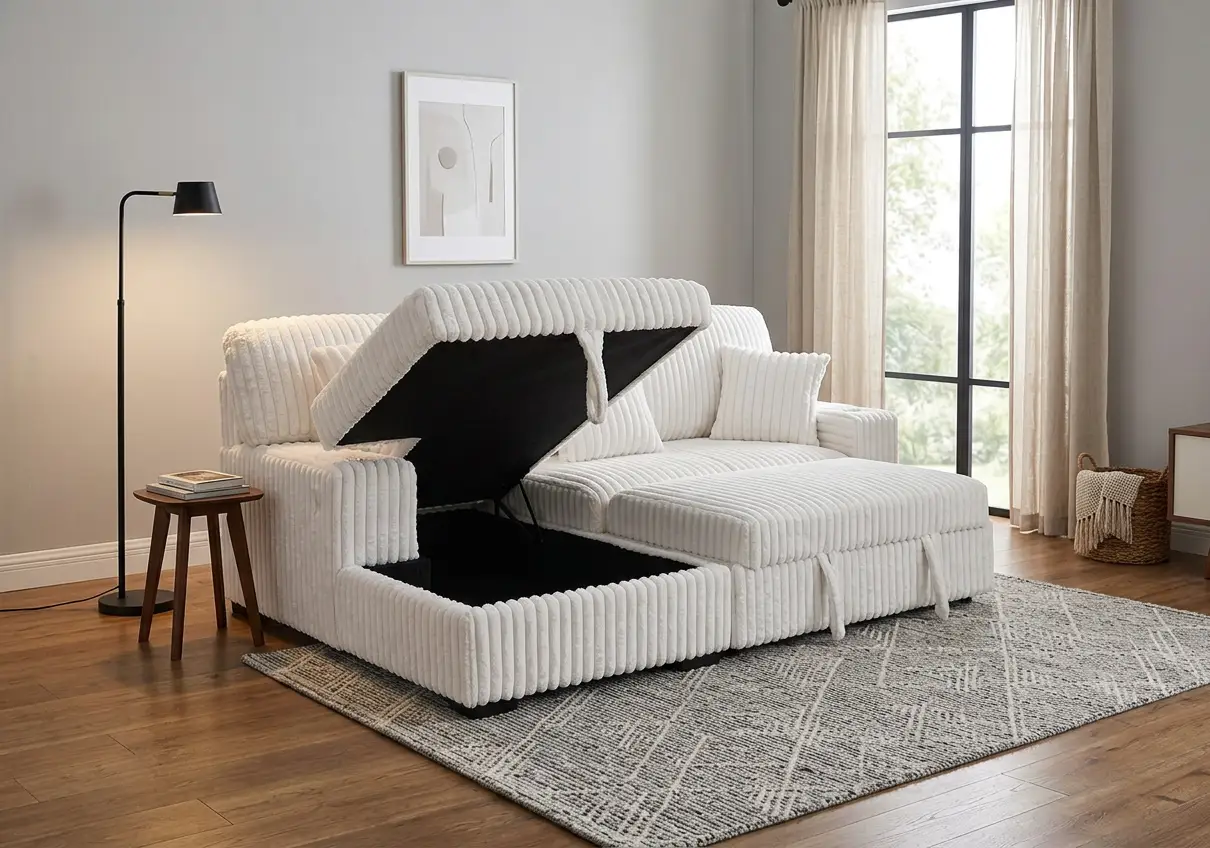 Venice Ivory Corduroy Storage Sleeper Sectional w/ Dual Cupholders & USB Ports by Ornate Furniture