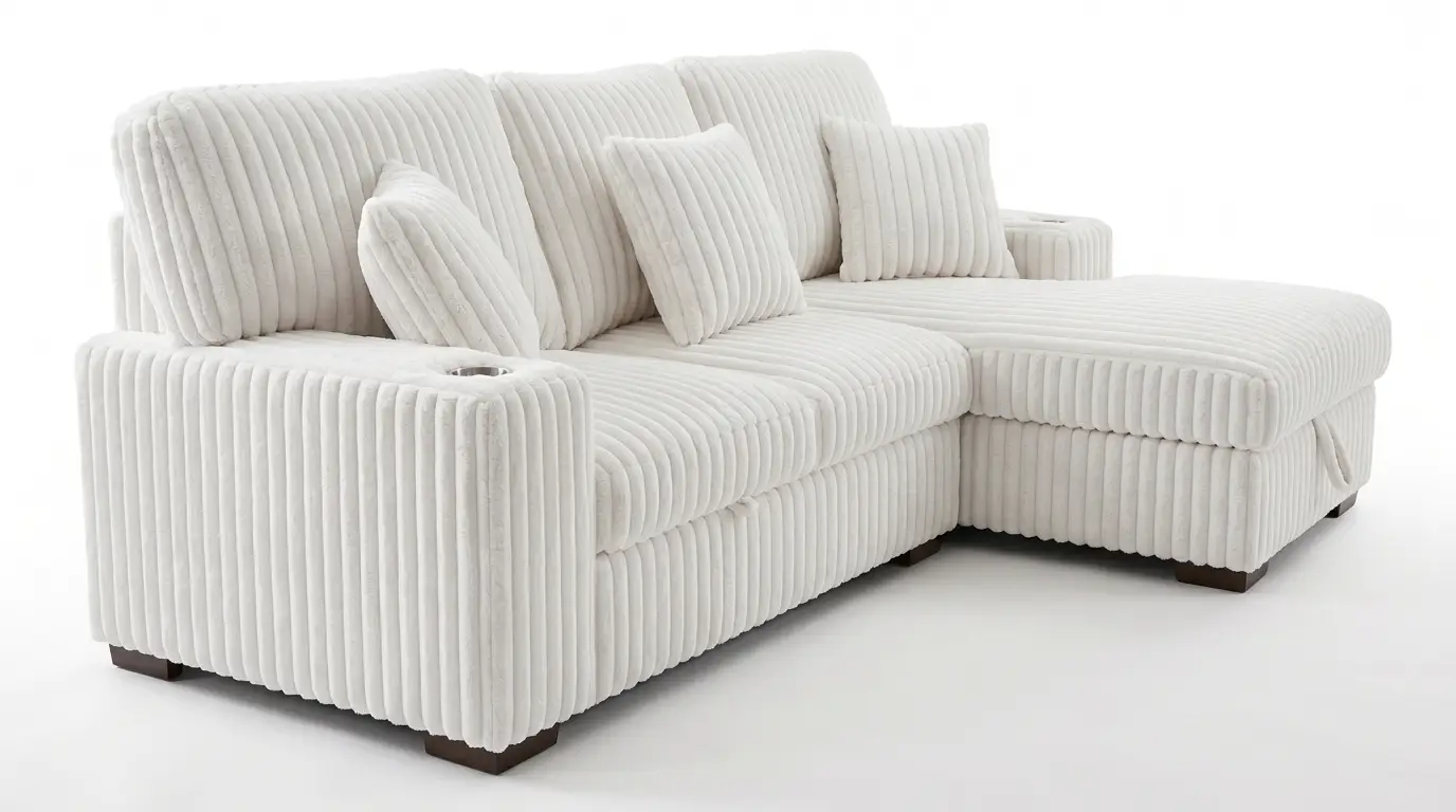 Venice Ivory Corduroy Storage Sleeper Sectional w/ Dual Cupholders & USB Ports by Ornate Furniture