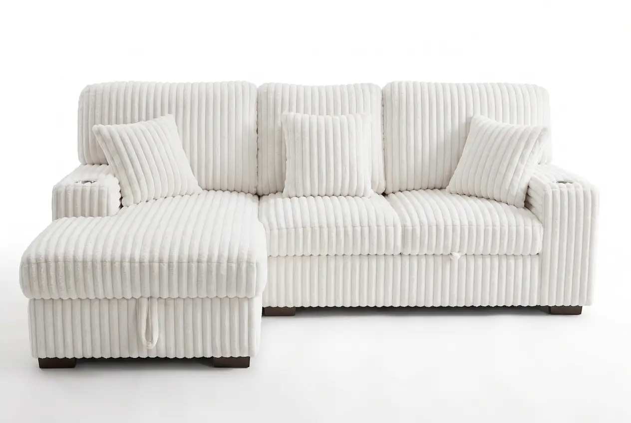 Venice Ivory Corduroy Storage Sleeper Sectional w/ Dual Cupholders & USB Ports by Ornate Furniture