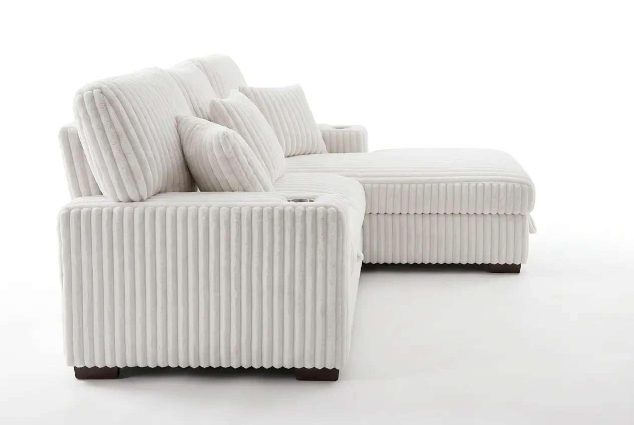 Venice Ivory Corduroy Storage Sleeper Sectional w/ Dual Cupholders & USB Ports by Ornate Furniture