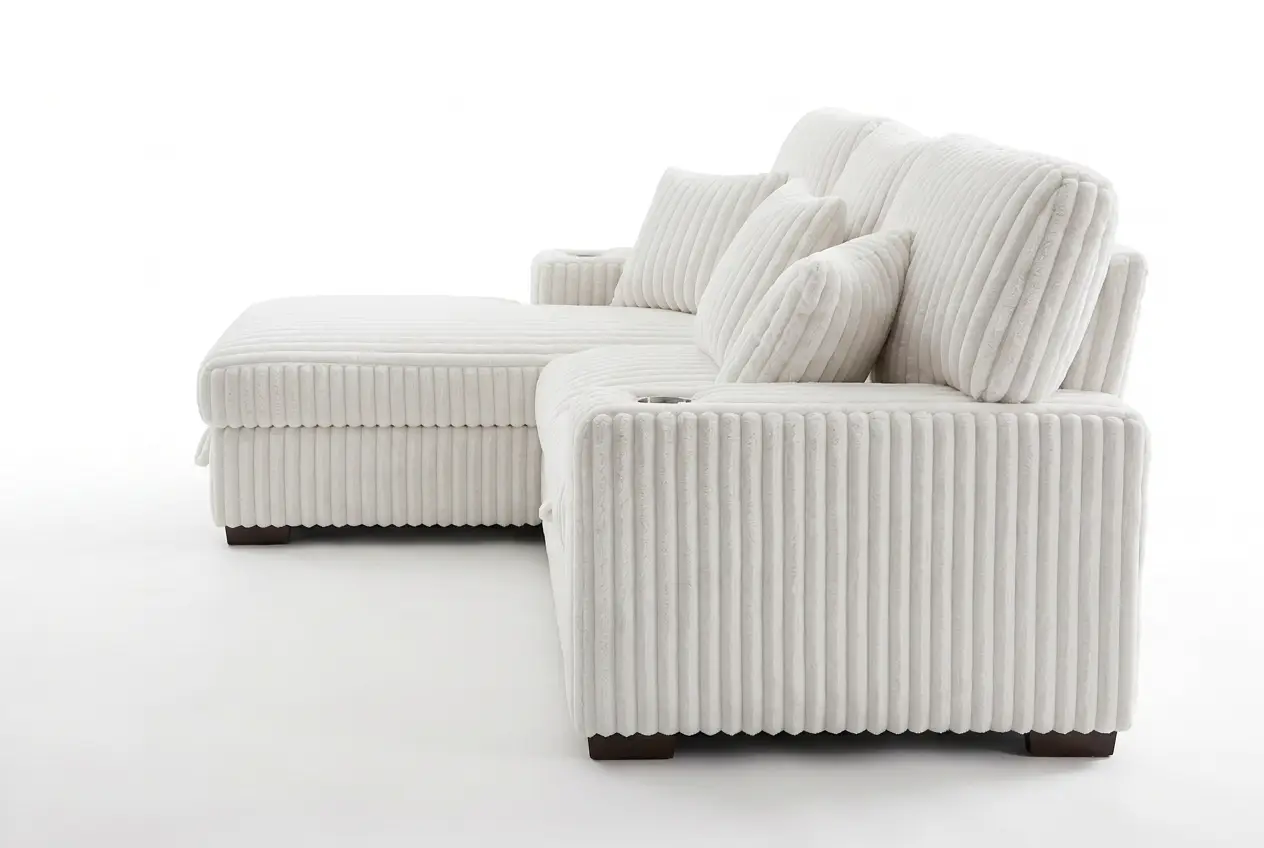 Venice Ivory Corduroy Storage Sleeper Sectional w/ Dual Cupholders & USB Ports by Ornate Furniture