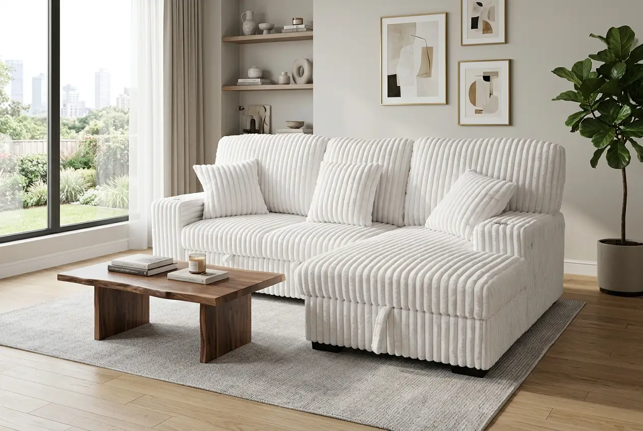 Venice Ivory Corduroy Storage Sleeper Sectional w/ Dual Cupholders & USB Ports by Ornate Furniture