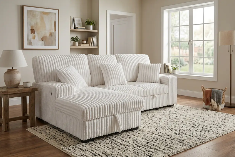 Venice Ivory Corduroy Storage Sleeper Sectional w/ Dual Cupholders & USB Ports by Ornate Furniture