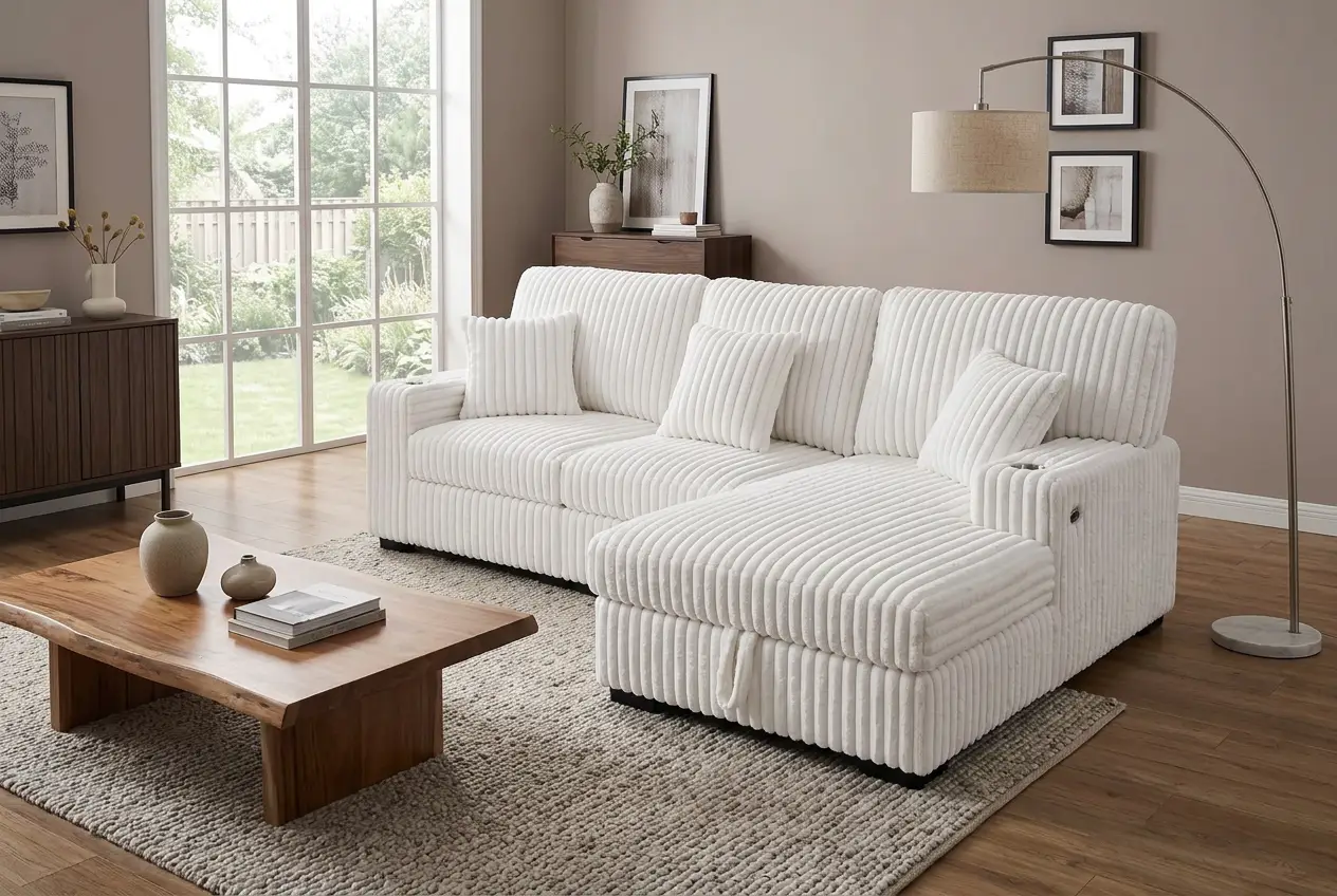 Venice Ivory Corduroy Storage Sleeper Sectional w/ Dual Cupholders & USB Ports by Ornate Furniture