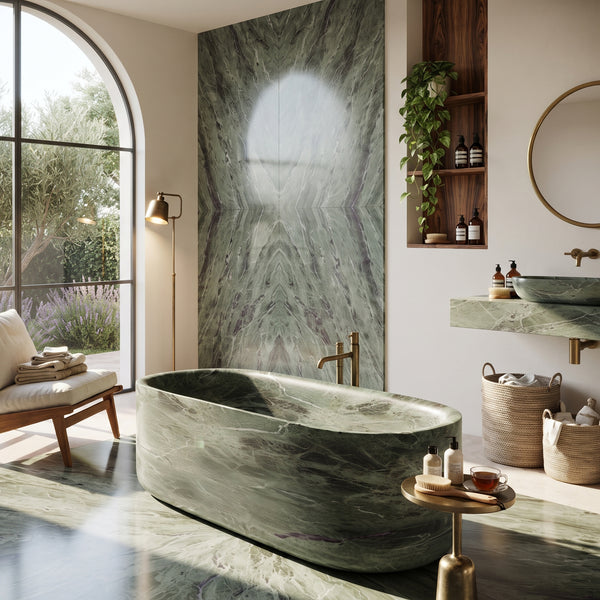 A luxury modern bathroom featuring a freestanding oval bathtub carved from green marble with natural veining, matching marble flooring, and a large green marble accent wall panel. The room is styled with brass fixtures, a wooden floating vanity, woven baskets, and a large arched window looking out onto a garden.