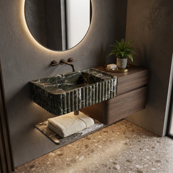 Verde Antico Marble Rectangular Wall-Mount Fluted Bathroom Sink 25x13