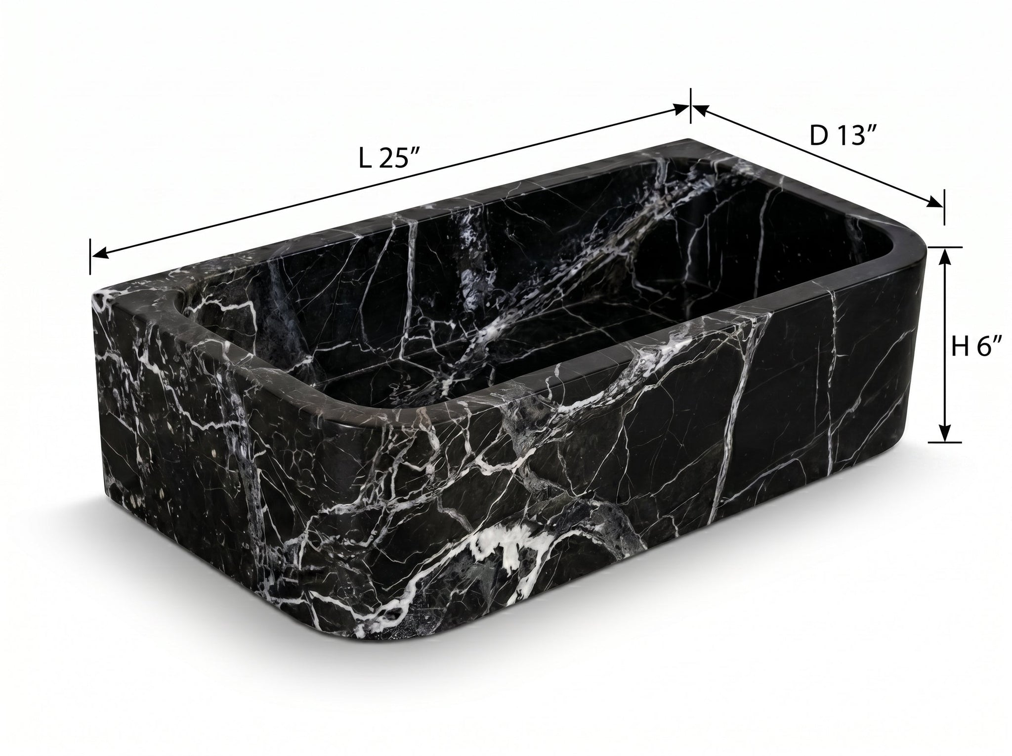 Verde Antico marble sink with dimensions labeled on a white background
