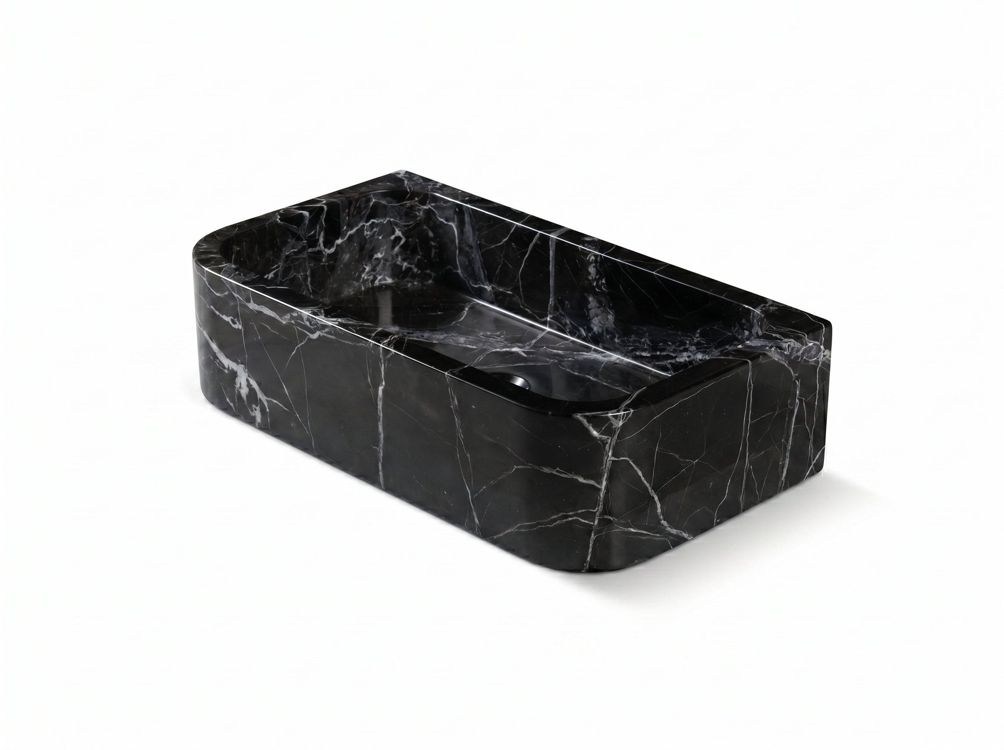 Verde Antico marble rectangular basin on a white background